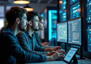 Команда разработчиков в офисе перед экранами с визуализациями генеративных моделей, на заднем плане серверная и элементы логотипов крупных российских игроков