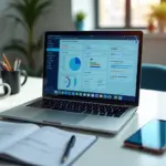 Ноутбук с русскоязычным интерфейсом LMS, смартфон с платёжной страницей и деловой рабочий стол стартапа