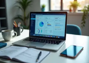 Ноутбук с русскоязычным интерфейсом LMS, смартфон с платёжной страницей и деловой рабочий стол стартапа