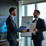 Основатели IT‑стартапа пожимают руки партнёру на фоне ноутбука с SaaS‑дашбордом и диаграмм процессов, символизируя запуск франшизы в России