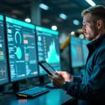 Современный завод с экранами AI‑аналитики, инженером с планшетом и промышленным роботом на фоне