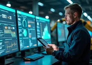 Современный завод с экранами AI‑аналитики, инженером с планшетом и промышленным роботом на фоне