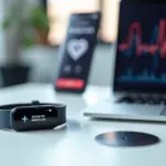 Команда российского стартапа за разработкой носимого медицинского устройства на столе — браслет, патч, экран с графиком сердечного ритма и мобильное приложение на русском