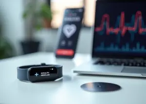 Команда российского стартапа за разработкой носимого медицинского устройства на столе — браслет, патч, экран с графиком сердечного ритма и мобильное приложение на русском