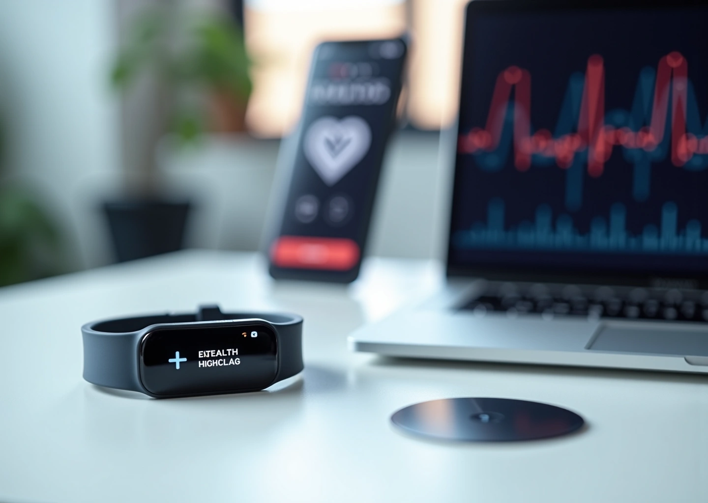 Команда российского стартапа за разработкой носимого медицинского устройства на столе — браслет, патч, экран с графиком сердечного ритма и мобильное приложение на русском