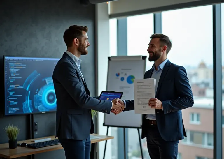 Основатели IT‑стартапа пожимают руки партнёру на фоне ноутбука с SaaS‑дашбордом и диаграмм процессов, символизируя запуск франшизы в России