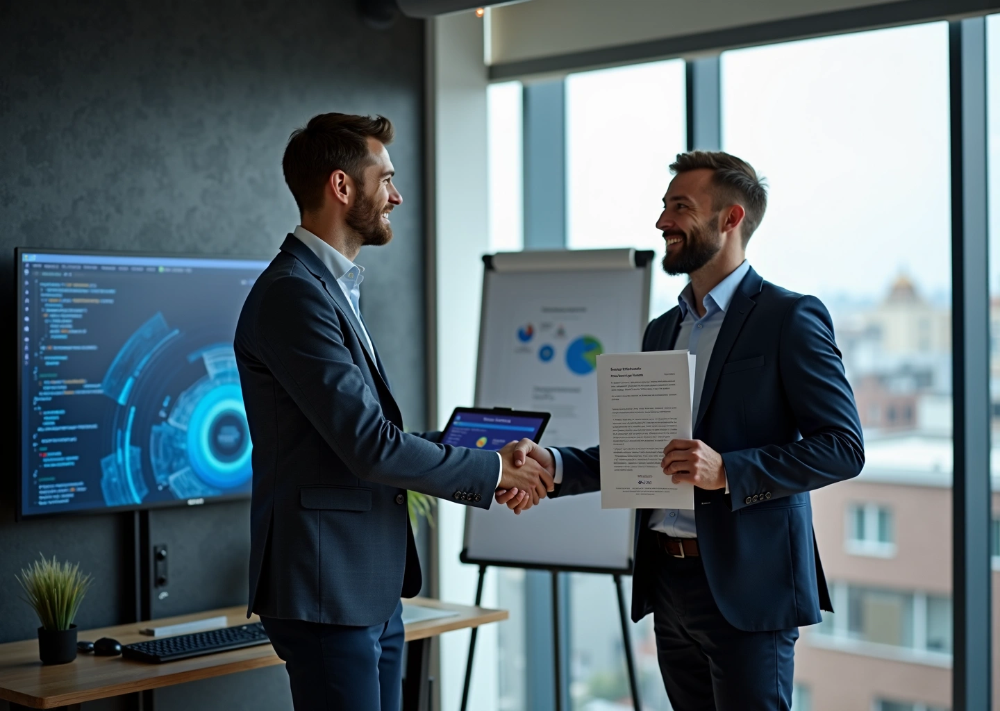 Основатели IT‑стартапа пожимают руки партнёру на фоне ноутбука с SaaS‑дашбордом и диаграмм процессов, символизируя запуск франшизы в России